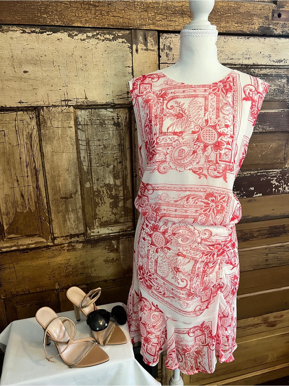 Express Red White Paisley Scarf Print Mini Dress | Ruffle Hem | Size XL